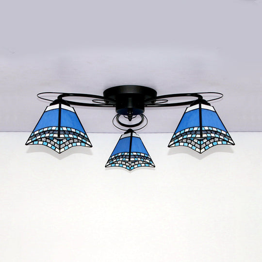 Tiffany Style Stained Glass Flushmount Ceiling Light With Geometric Art Pattern And 3 Lights In