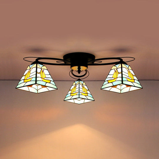 Tiffany Style Stained Glass Ceiling Light with Geometric Art Pattern - 3 Lights Flushmount in Black