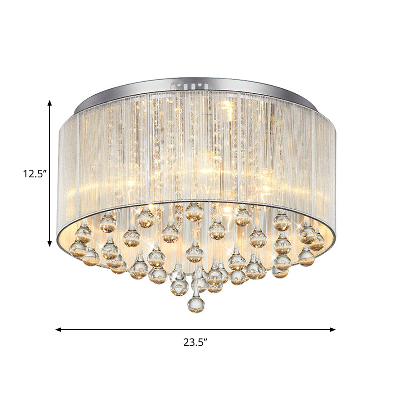 Contemporary Silver Flush Mount Drum Light with 6-Light Crystal Fixture for Bedrooms