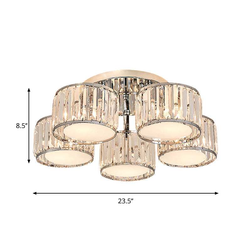 Modernist Crystal Drum Flush Mount Ceiling Lamp in Chrome Finish