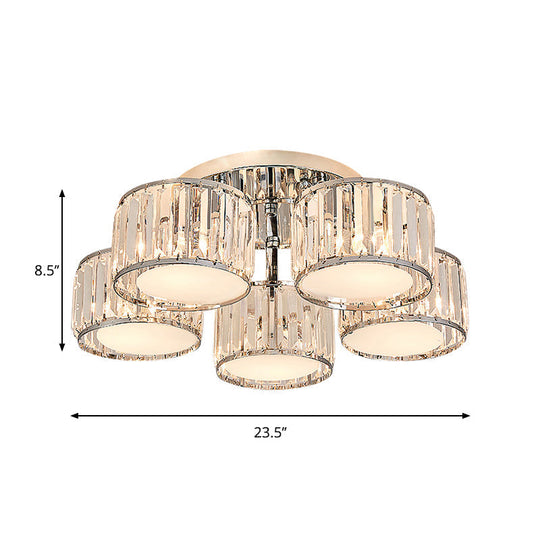 Modernist Crystal Drum Flush Mount Ceiling Lamp In Chrome Finish