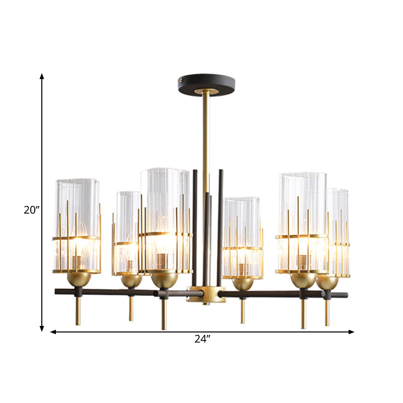 Contemporary 6-Head Black And Gold Chandelier Pendant With Clear Glass Triangular Prism