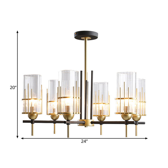 Contemporary 6-Head Black And Gold Chandelier Pendant With Clear Glass Triangular Prism