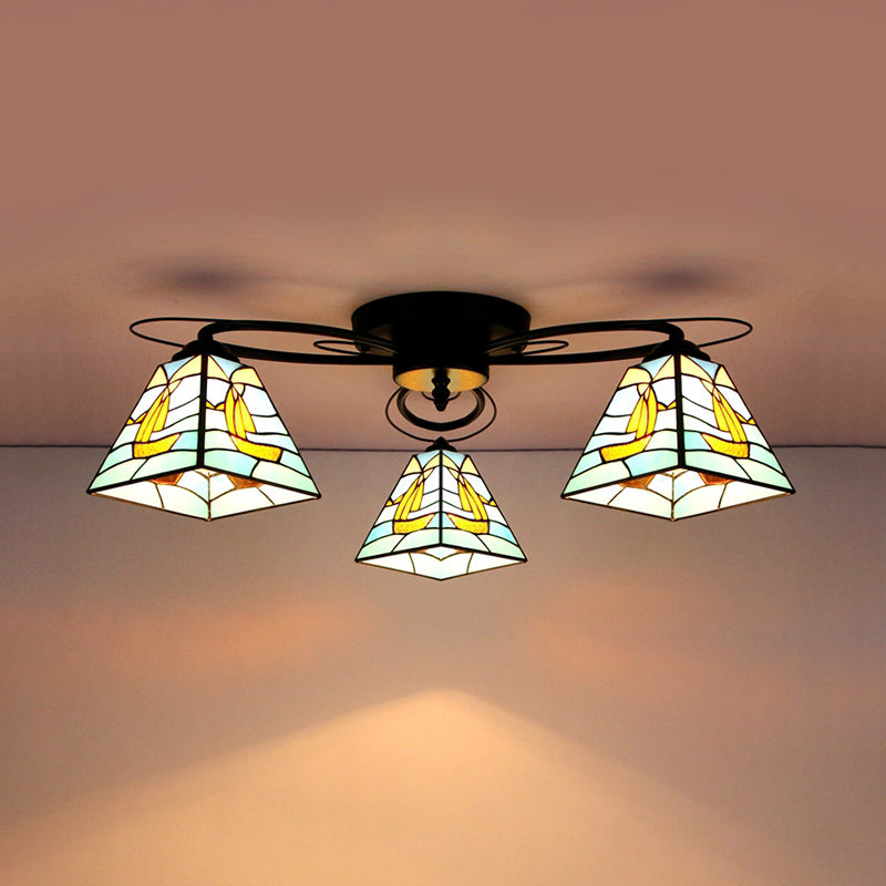 Tiffany Style Stained Glass Flushmount Ceiling Light With Geometric Art Pattern And 3 Lights In