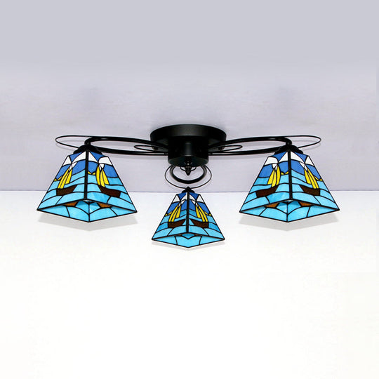 Tiffany Style Stained Glass Ceiling Light with Geometric Art Pattern - 3 Lights Flushmount in Black