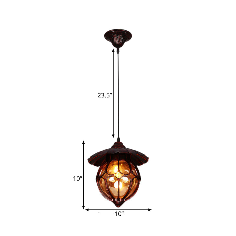 Copper Globe Pendant Light With Amber Glass And Scalloped Deco - Farmhouse Style