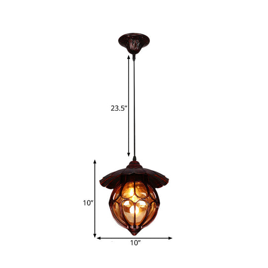 Copper Globe Pendant Light With Amber Glass And Scalloped Deco - Farmhouse Style