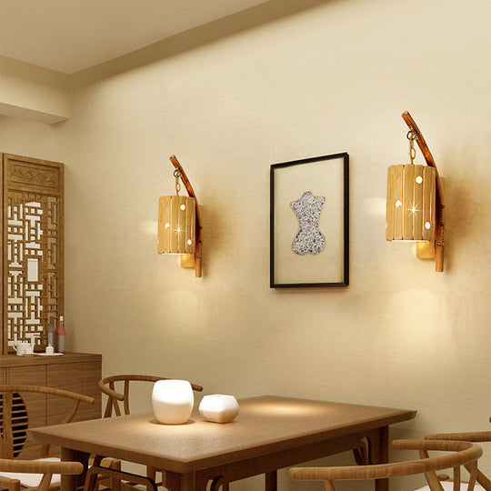 Bamboo Wall Lamp: Wood Cylinder/House/Teapot Sconce Light Fixture With Curved Arm