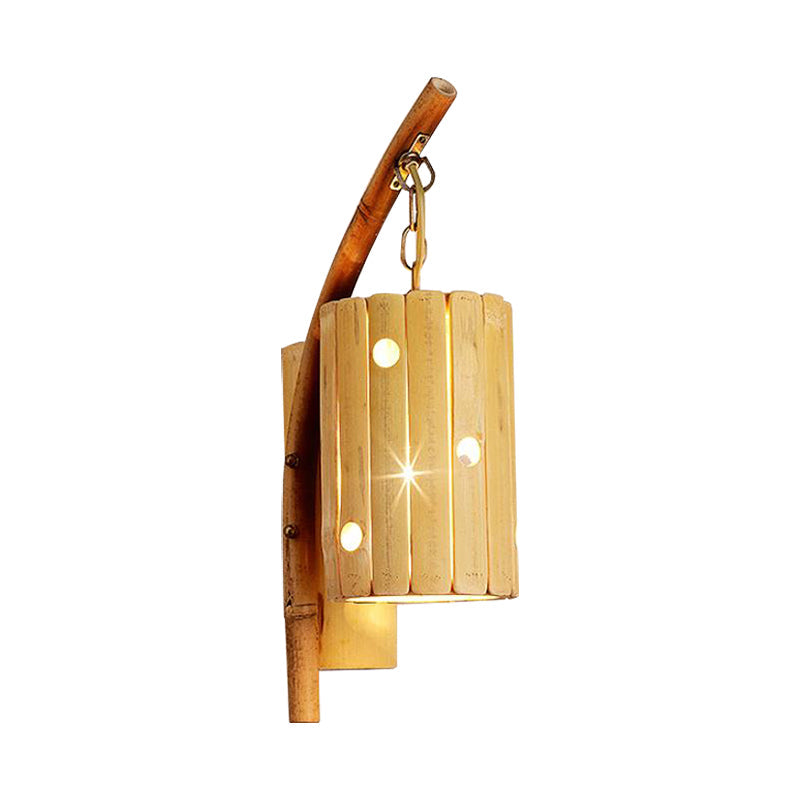 Bamboo Wall Lamp: Wood Cylinder/House/Teapot Sconce Light Fixture With Curved Arm