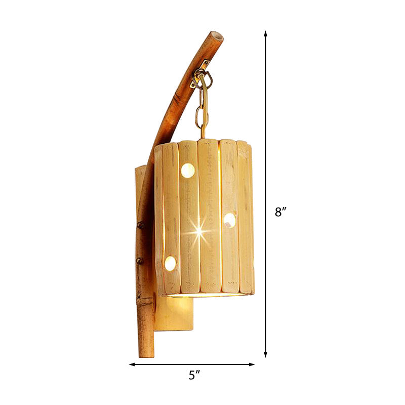 Bamboo Wall Lamp: Wood Cylinder/House/Teapot Sconce Light Fixture With Curved Arm