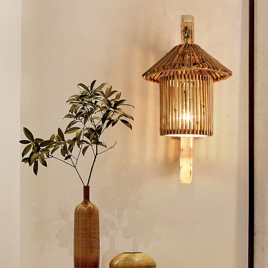 Bamboo Wall Lamp: Wood Cylinder/House/Teapot Sconce Light Fixture With Curved Arm / B