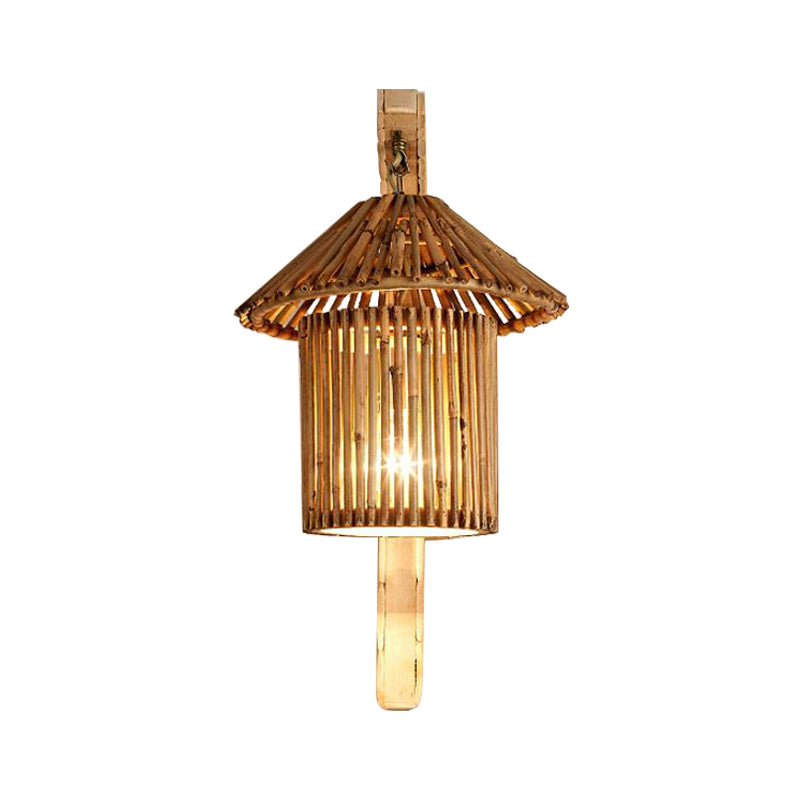 Bamboo Wall Lamp: Wood Cylinder/House/Teapot Sconce Light Fixture With Curved Arm