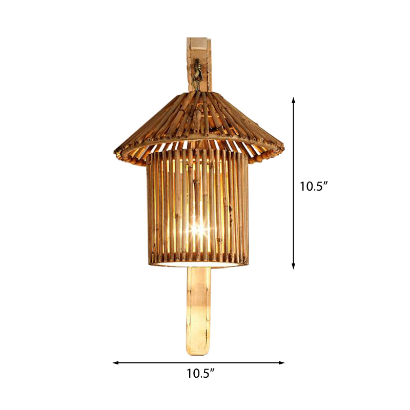 Bamboo Wall Lamp: Wood Cylinder/House/Teapot Sconce Light Fixture With Curved Arm