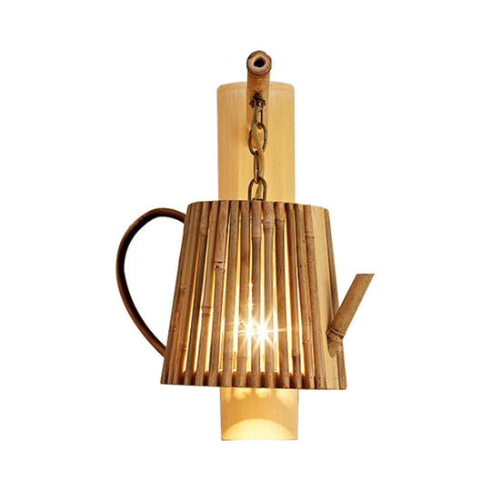 Bamboo Wall Lamp: Wood Cylinder/House/Teapot Sconce Light Fixture With Curved Arm