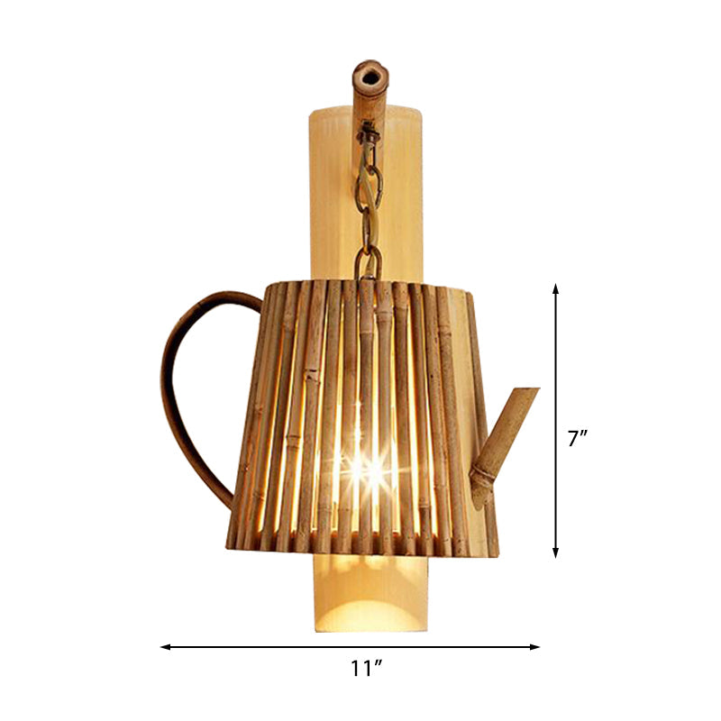 Bamboo Wall Lamp: Wood Cylinder/House/Teapot Sconce Light Fixture With Curved Arm