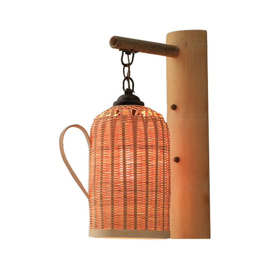 Traditional Bamboo Wall Mounted Lamp With Wood Kettle/Bell/Trumpet Sconce Light 1 Bulb