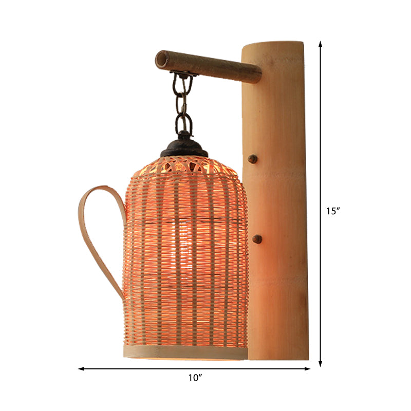 Traditional Bamboo Wall Mounted Lamp With Wood Kettle/Bell/Trumpet Sconce Light 1 Bulb