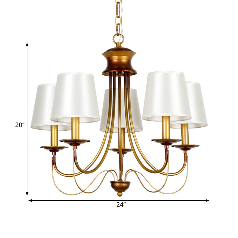 Traditional Brass Finish Chandelier With White Fabric Lamp Shade - 3/5/6 Lights