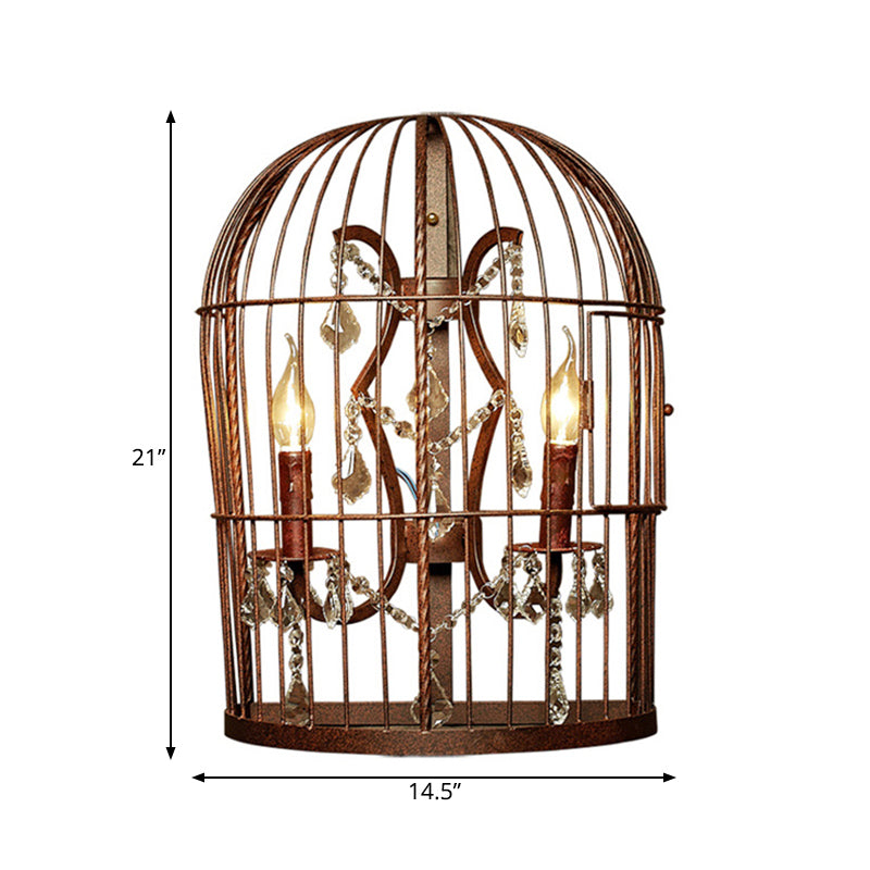 Rustic 2-Light Birdcage Wall Sconce With Crystal Drops For Living Room