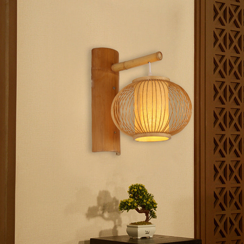 Contemporary Bamboo Wood Pumpkin Wall Lamp With Inner Cylinder Parchment Shade - 1 Bulb Sconce Light