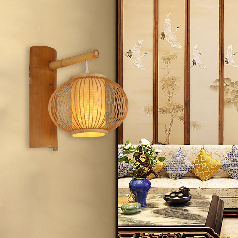 Contemporary Bamboo Wood Pumpkin Wall Lamp With Inner Cylinder Parchment Shade - 1 Bulb Sconce Light