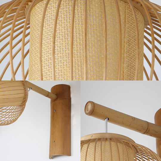 Contemporary Bamboo Wood Pumpkin Wall Lamp With Inner Cylinder Parchment Shade - 1 Bulb Sconce Light