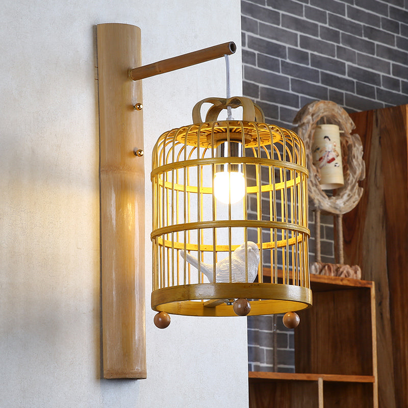 Bamboo Wall Mount Sconce Lamp With Asian Flair - Wood Cage Design 1 Bulb White Bird Deco