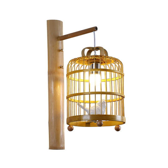 Bamboo Wall Mount Sconce Lamp With Asian Flair - Wood Cage Design 1 Bulb White Bird Deco