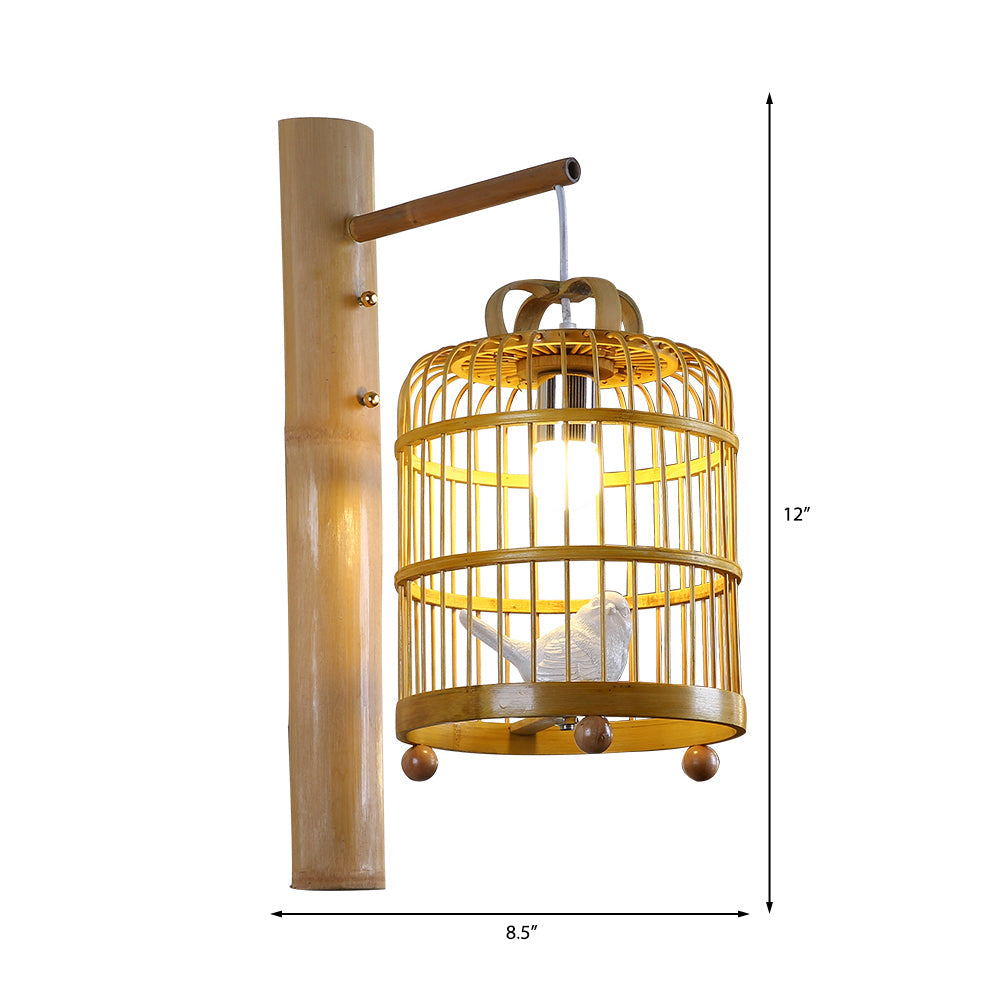 Bamboo Wall Mount Sconce Lamp With Asian Flair - Wood Cage Design 1 Bulb White Bird Deco