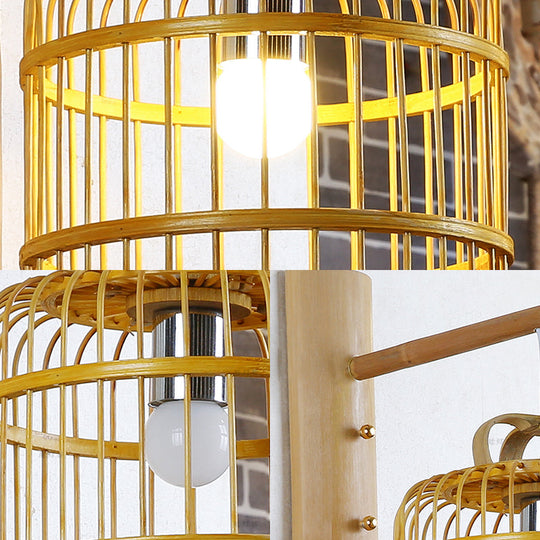 Bamboo Wall Mount Sconce Lamp With Asian Flair - Wood Cage Design 1 Bulb White Bird Deco