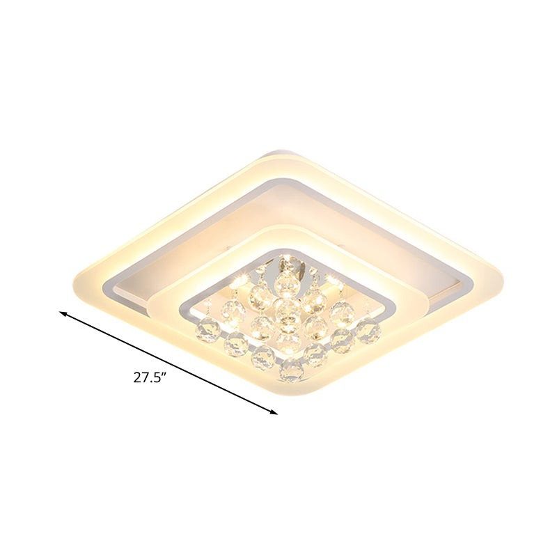 Plafonnier LED carré en cristal - Tailles 19,5"/23,5"/27,5" - Design blanc moderne - Lumière chaude/blanche disponible