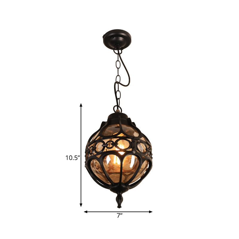 Amber Glass Farmhouse Hanging Light: Round Restaurant Ceiling Lamp With Cage In Black/Brass