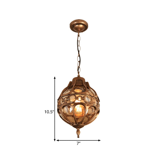 Amber Glass Farmhouse Hanging Light: Round Restaurant Ceiling Lamp With Cage In Black/Brass