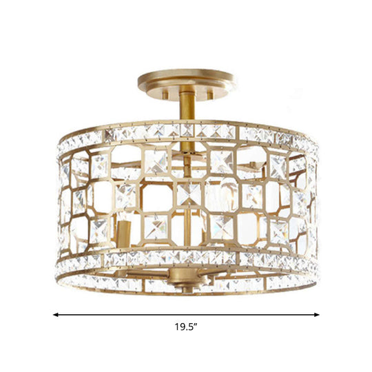 Golden Chinese Style 3-Light Semi Flush Ceiling Fixture with Metallic Crystal Shade