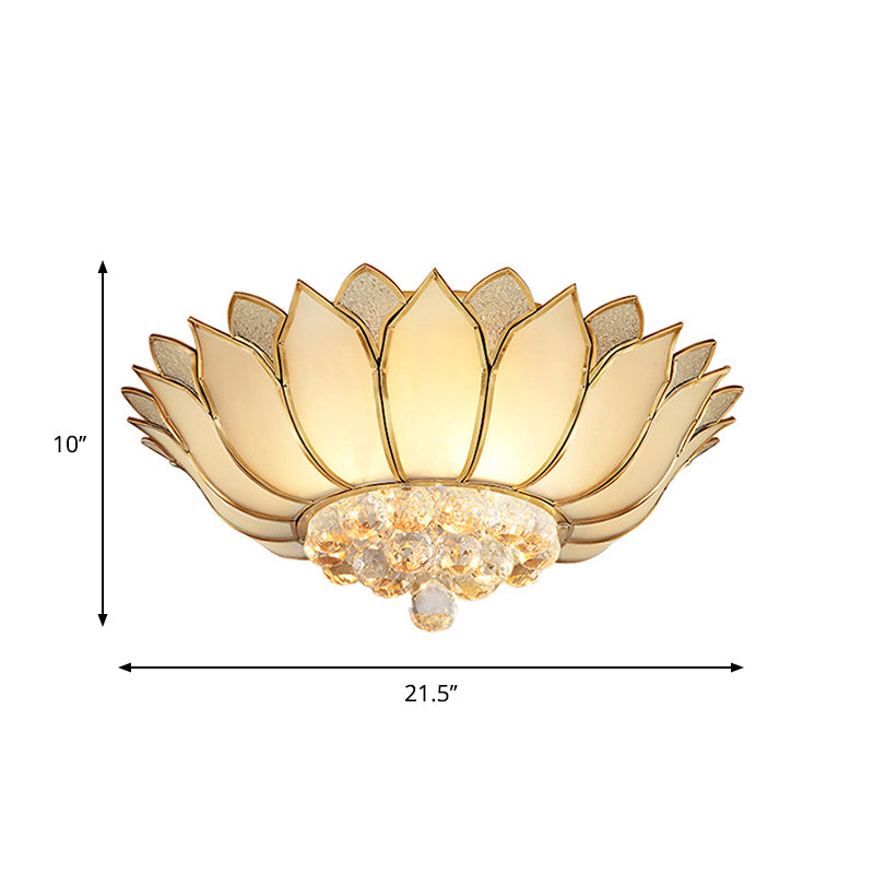 Golden Lotus Flush Mount Light - Traditional Glass Ceiling Lamp With Crystal Drop