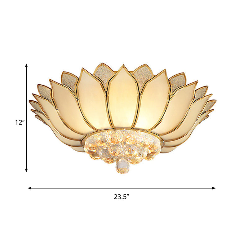 Golden Lotus Flush Mount Light - Traditional Glass Ceiling Lamp With Crystal Drop