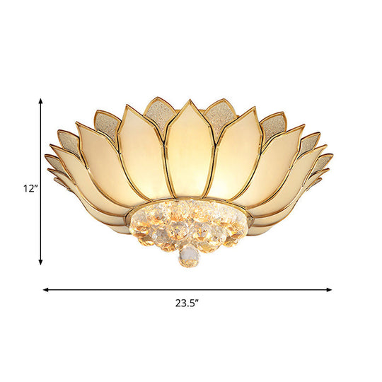 Golden Lotus Flush Mount Light - Traditional Glass Ceiling Lamp With Crystal Drop