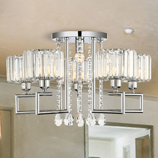 Ribbed Crystal Drum Flush Ceiling Light - Stylish Silver Semi Flush Lamp with Scroll Frame (4/6-Light)