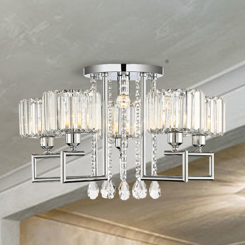 Ribbed Crystal Drum Flush Ceiling Light - Stylish Silver Semi Flush Lamp with Scroll Frame (4/6-Light)