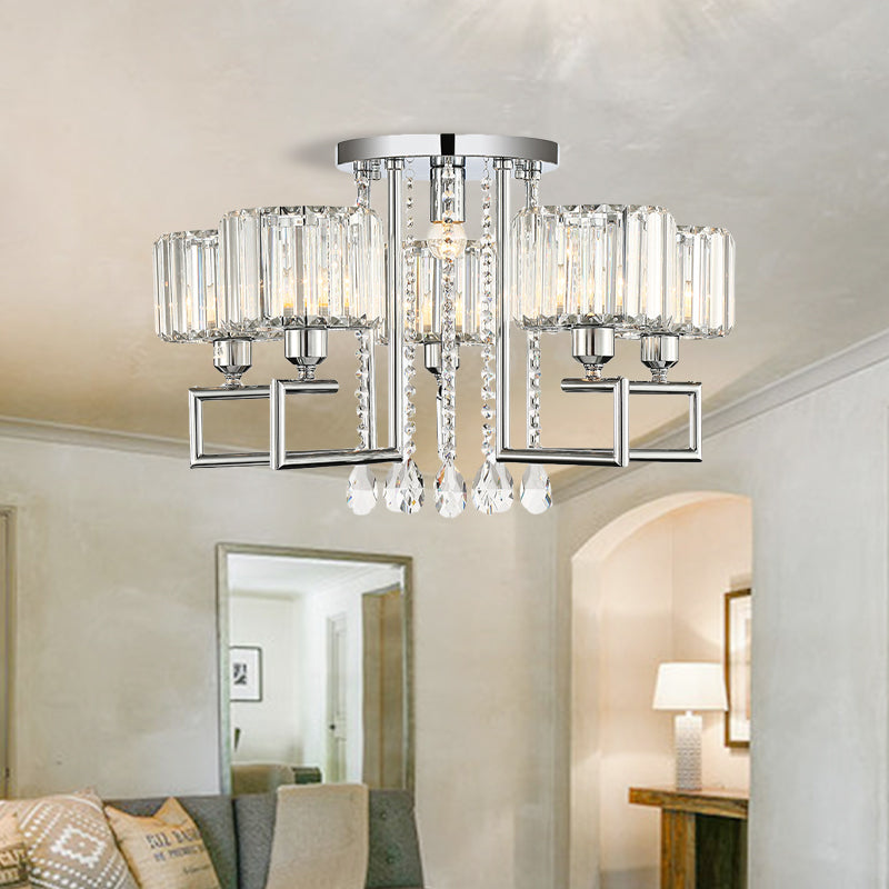 Ribbed Crystal Drum Flush Ceiling Light - Stylish Silver Semi Flush Lamp with Scroll Frame (4/6-Light)