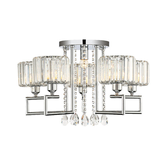 Ribbed Crystal Drum Flush Ceiling Light - Stylish Silver Semi Flush Lamp with Scroll Frame (4/6-Light)