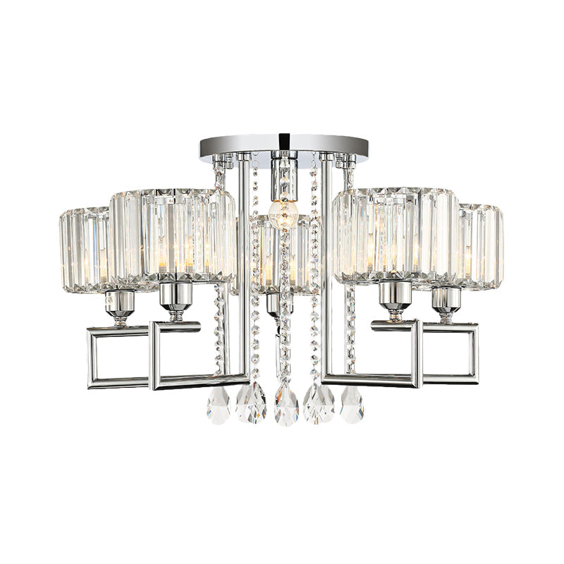 Ribbed Crystal Drum Flush Ceiling Light - Stylish Silver Semi Lamp With Scroll Frame (4/6-Light)