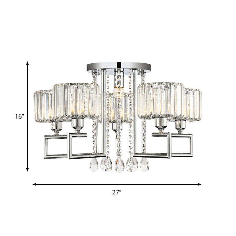 Ribbed Crystal Drum Flush Ceiling Light - Stylish Silver Semi Flush Lamp with Scroll Frame (4/6-Light)