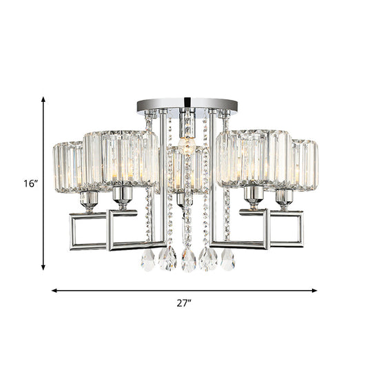 Ribbed Crystal Drum Flush Ceiling Light - Stylish Silver Semi Flush Lamp with Scroll Frame (4/6-Light)