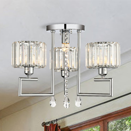 Ribbed Crystal Drum Flush Ceiling Light - Stylish Silver Semi Flush Lamp with Scroll Frame (4/6-Light)