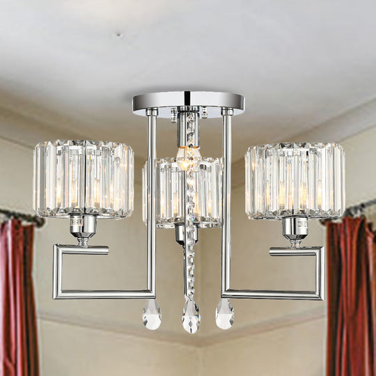 Ribbed Crystal Drum Flush Ceiling Light - Stylish Silver Semi Flush Lamp with Scroll Frame (4/6-Light)