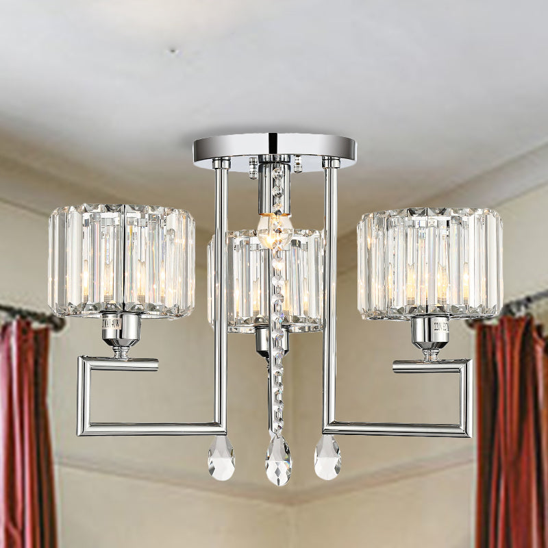 Ribbed Crystal Drum Flush Ceiling Light - Stylish Silver Semi Lamp With Scroll Frame (4/6-Light)