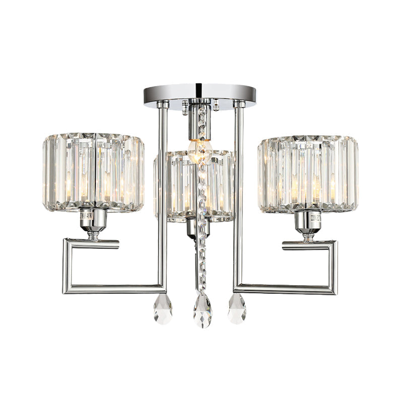 Ribbed Crystal Drum Flush Ceiling Light - Stylish Silver Semi Flush Lamp with Scroll Frame (4/6-Light)