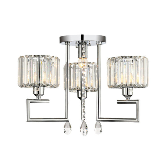 Ribbed Crystal Drum Flush Ceiling Light - Stylish Silver Semi Flush Lamp with Scroll Frame (4/6-Light)