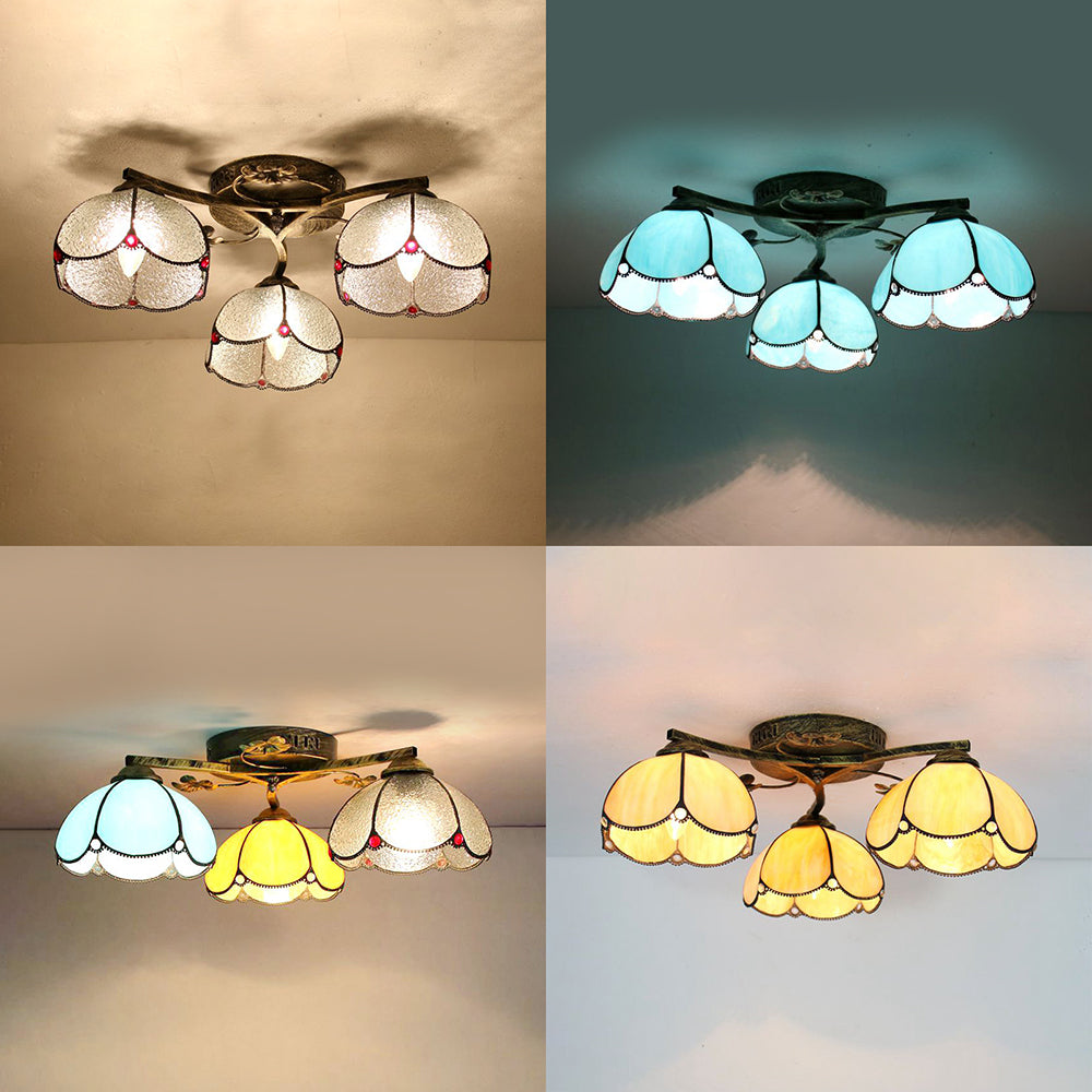 Rustic Dome Ceiling Fixture - Beige/Yellow-Blue/Clear/Blue Glass Flush Mount - 3 Lights - Living Room